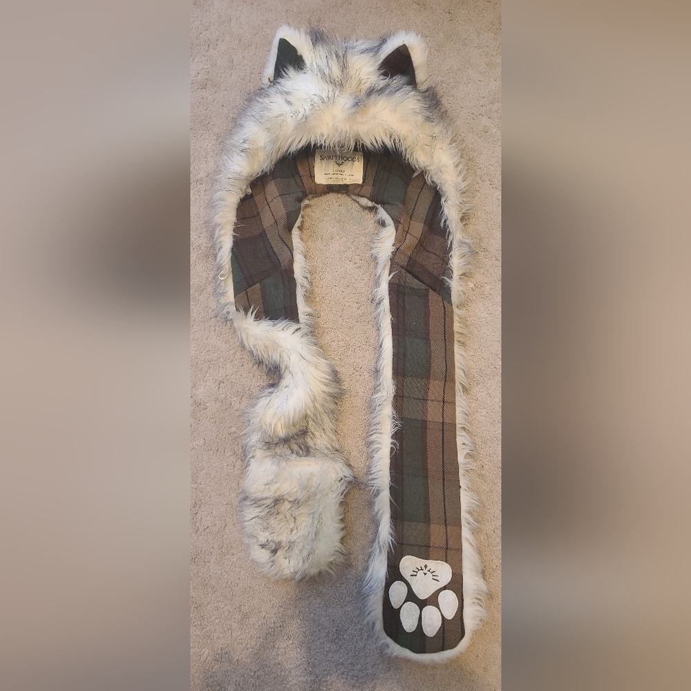 Spirit Hoods animal white grey plaid wolf husky ear faux fur hood hat scarf
